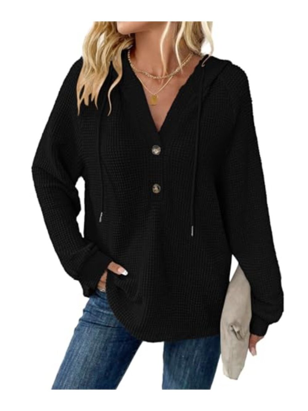 Waffle Knit Hoodie V Neck Button Down Oversized Long Sleeve Sweatshirt